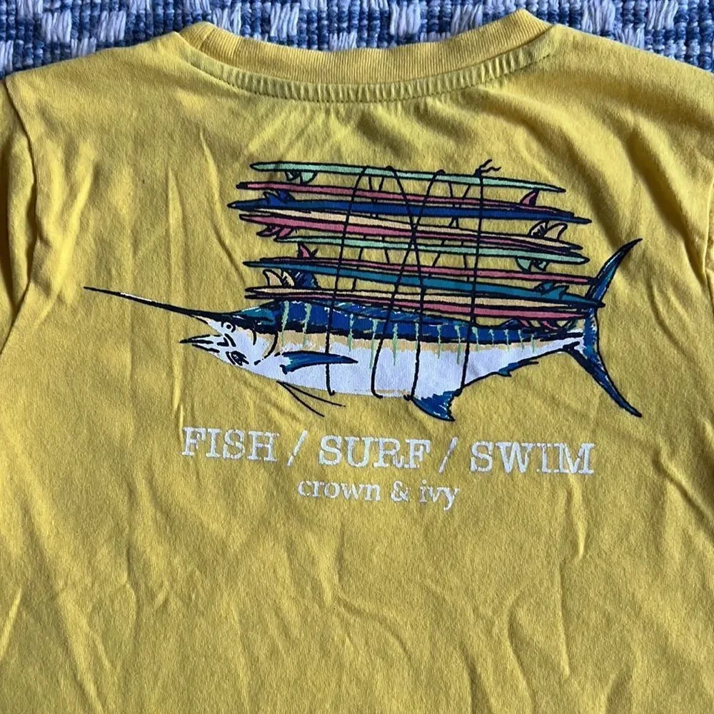 Crown & Ivy Boys 4 Yellow Summer Short Sleeve Tee Shirt Fish Surf Swim w Marlin
